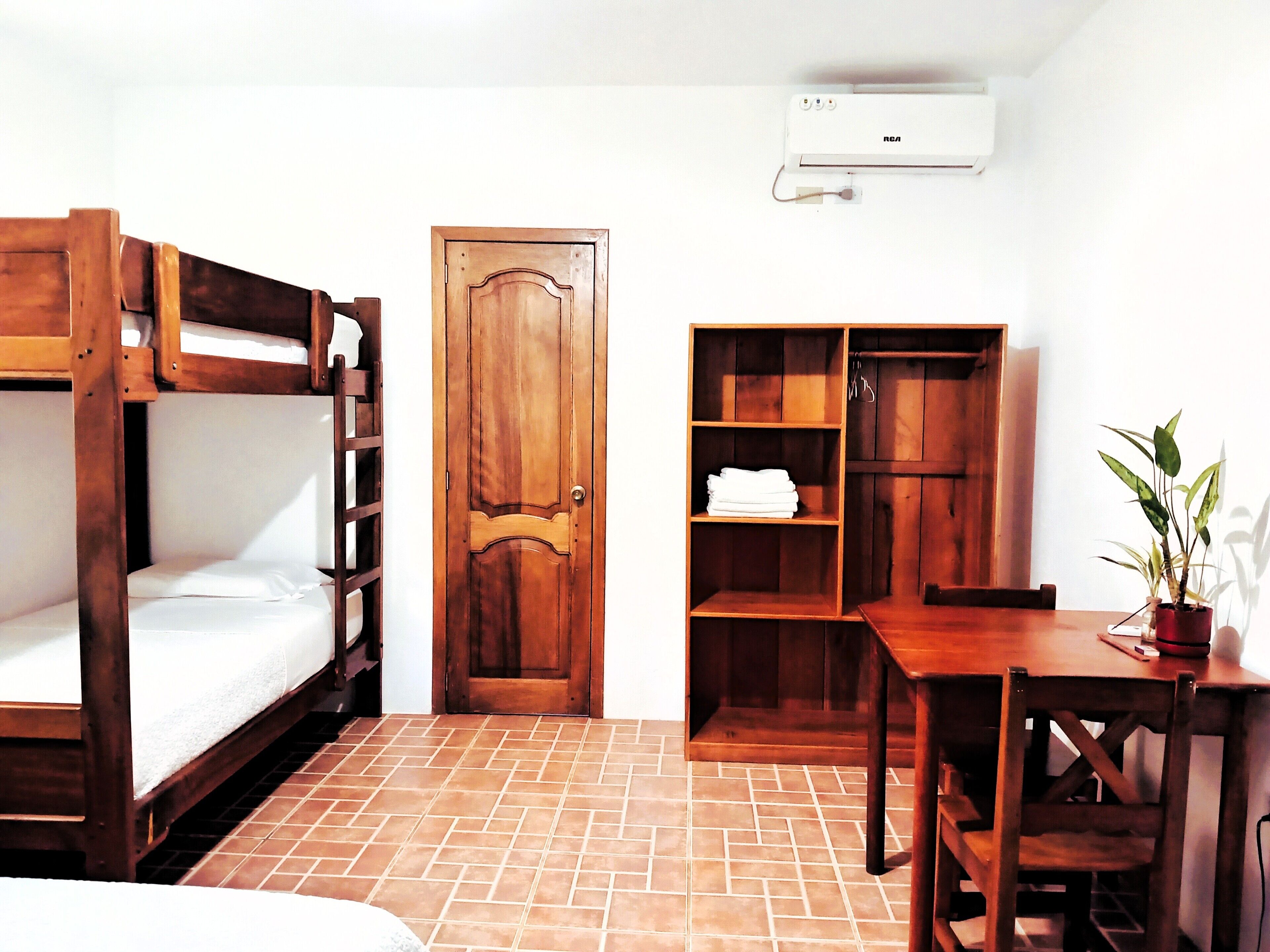A room with a bunk bed, a wooden desk with shelves, a potted plant, and a door.