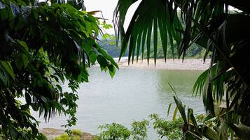 A serene lake surrounded by lush greenery and a sandy beach.