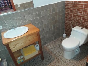 Regadera, toallas, jabón, shampoo 