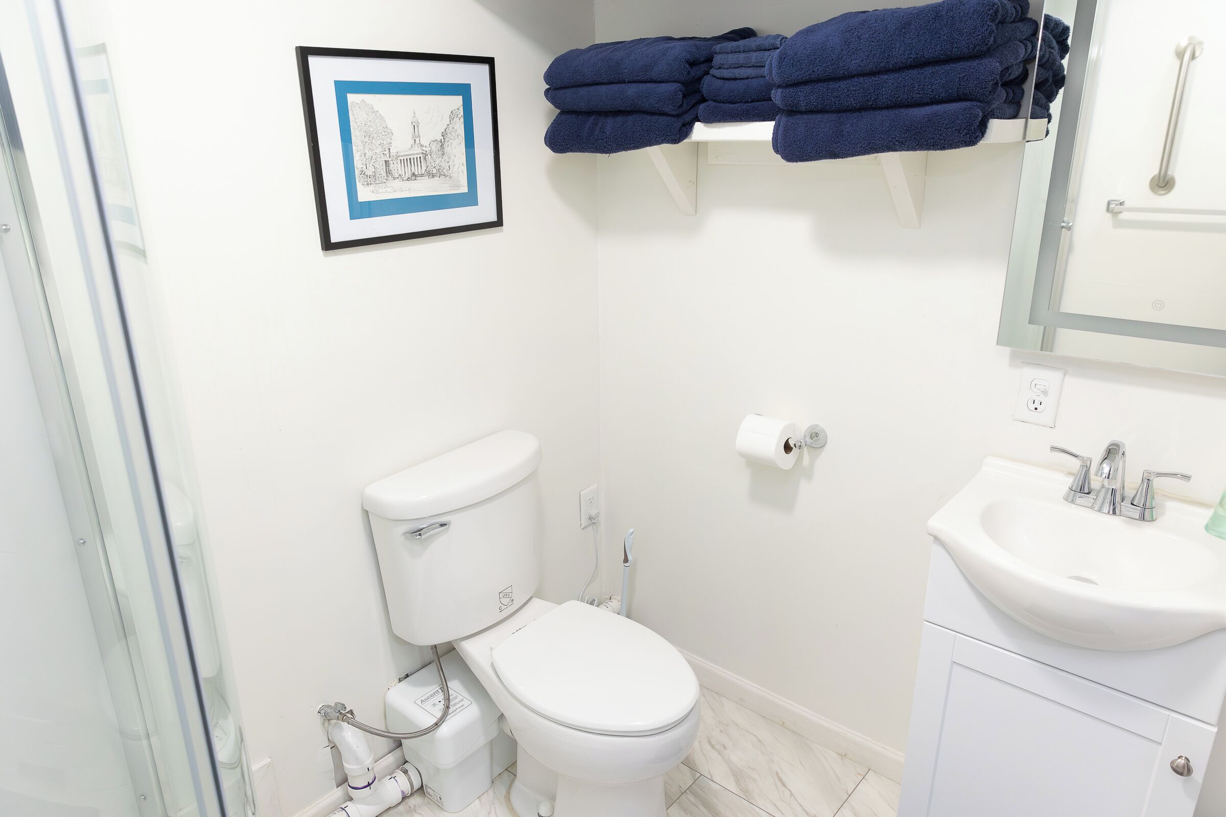 Une salle de bain avec des toilettes, un lavabo et un tableau encadré au mur.