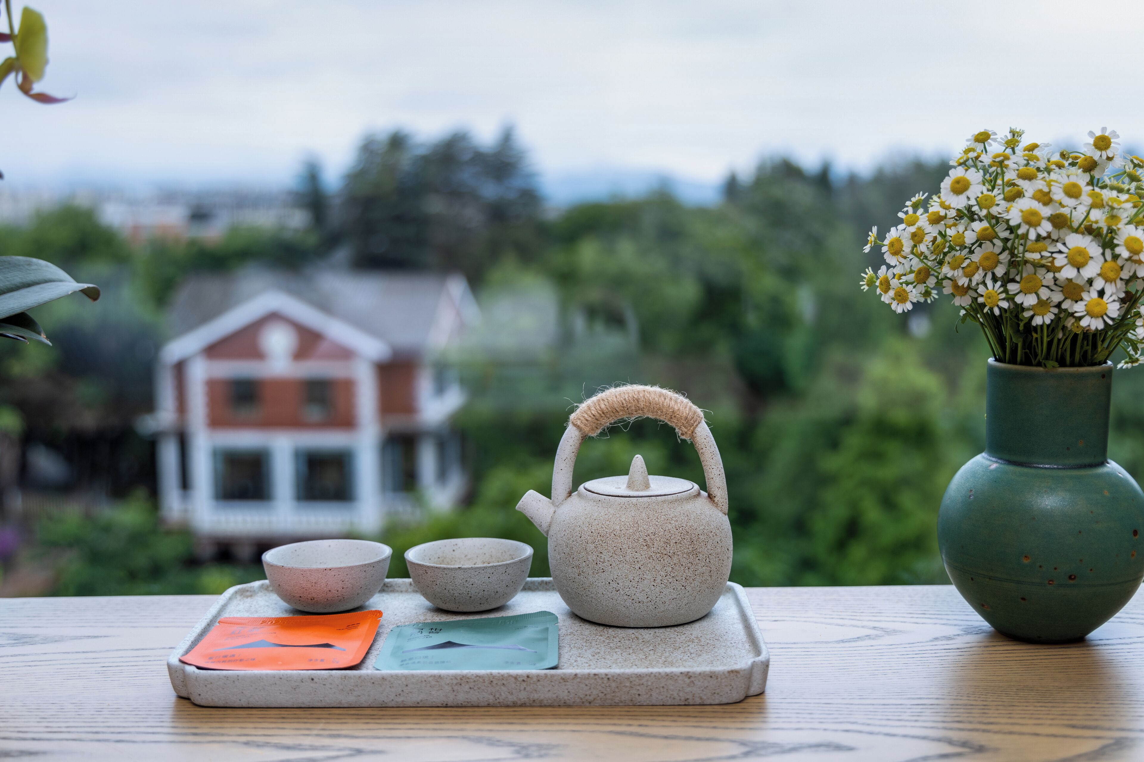 A tea set on a tray with a house and greenery in the background.