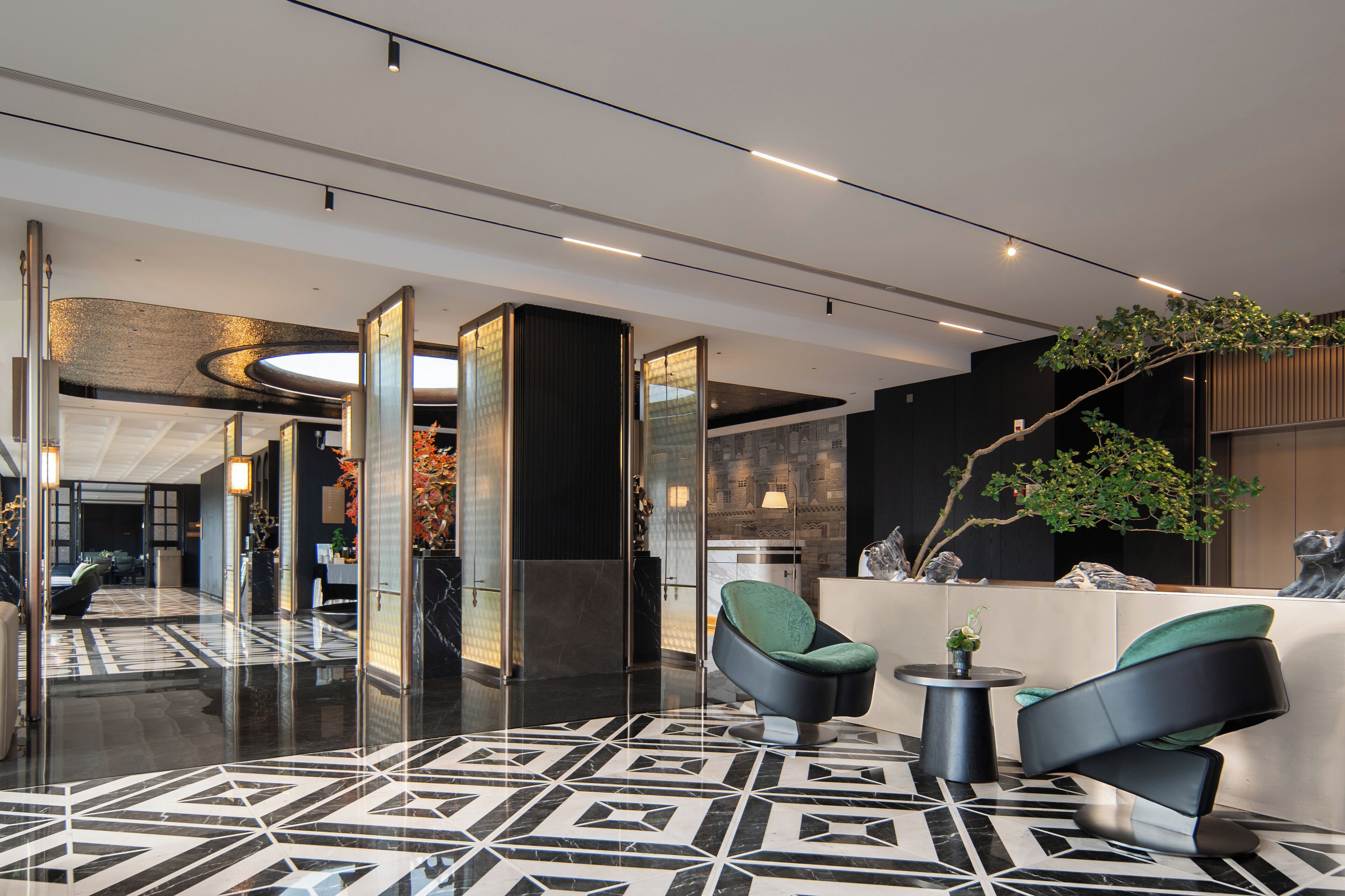 Un hall d’entrée moderne avec un sol à motifs géométriques, des sièges contemporains et un espace d’accueil agrémenté d’une plante.