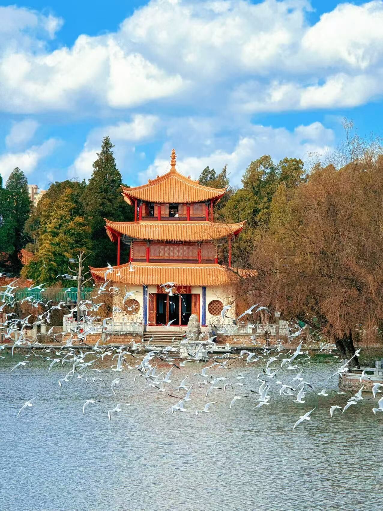 A traditional multi-tiered pagoda with a red roof, surrounded by a body of water and trees.