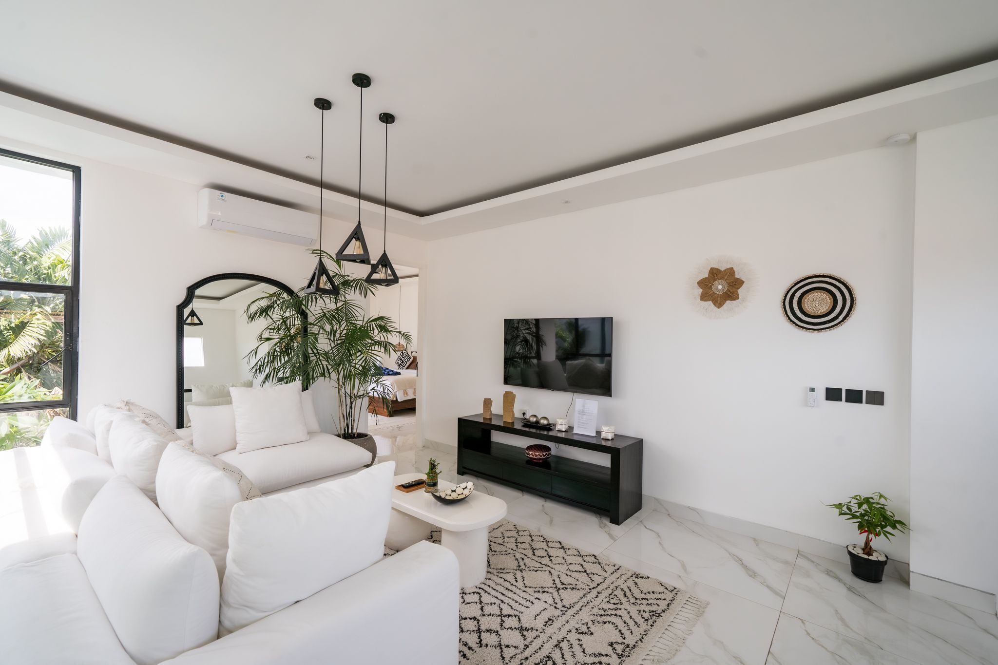 Deluxe Villa, 3 Bedrooms, Pool View | Living room | 55-inch TV with cable channels