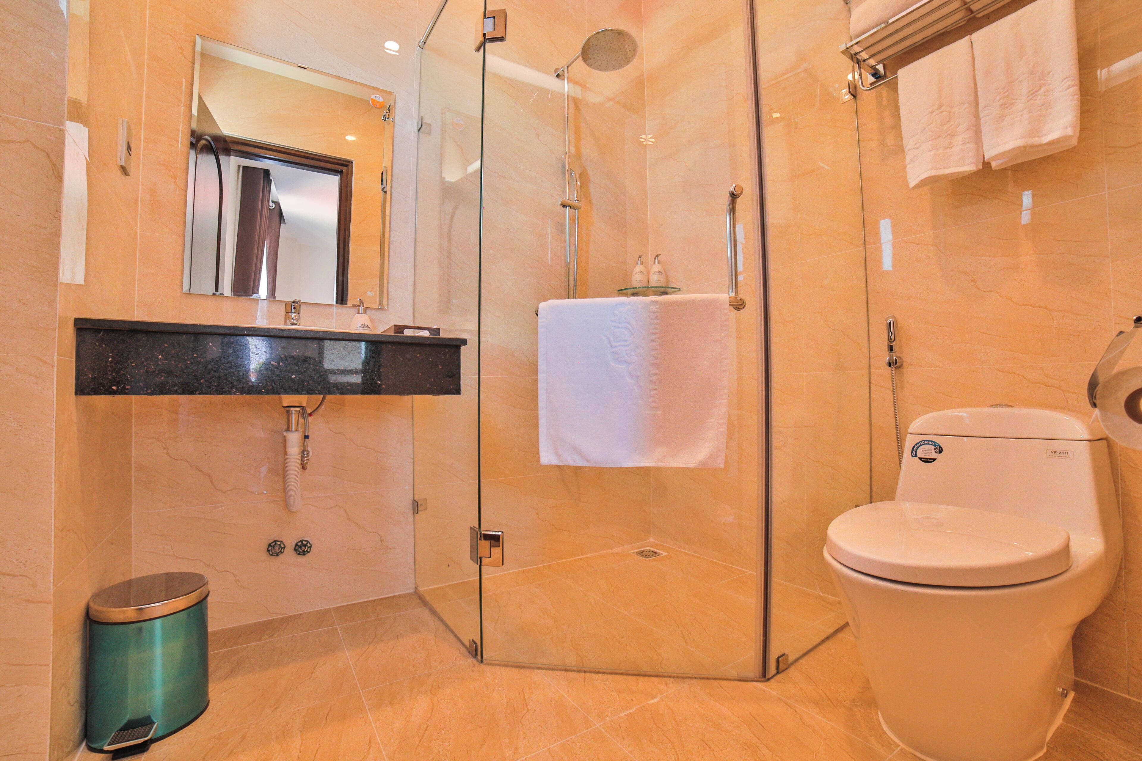 A modern bathroom with a glass-enclosed shower, a toilet, a sink with a black countertop, and a mirror above the sink.