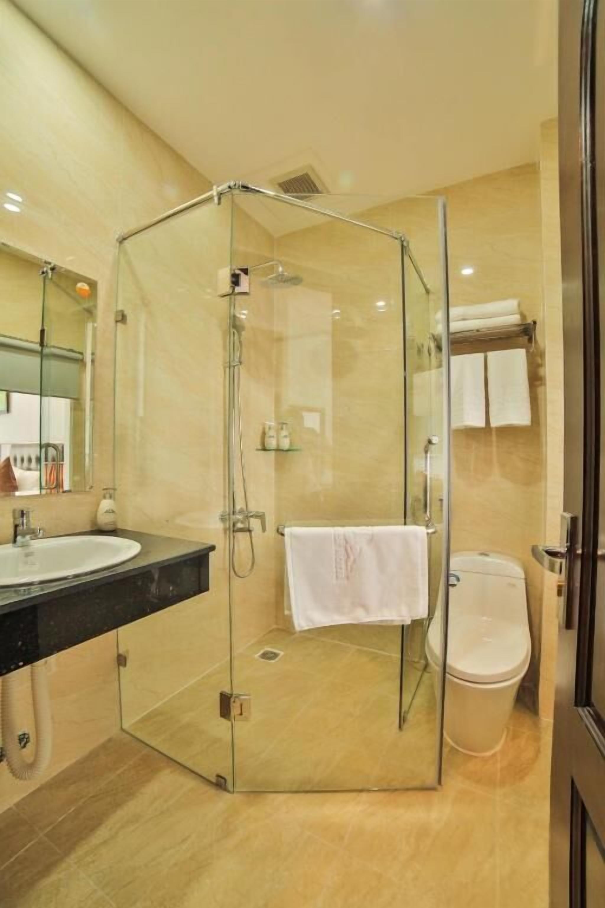 A modern bathroom with a glass-enclosed shower, a sink, and a toilet.