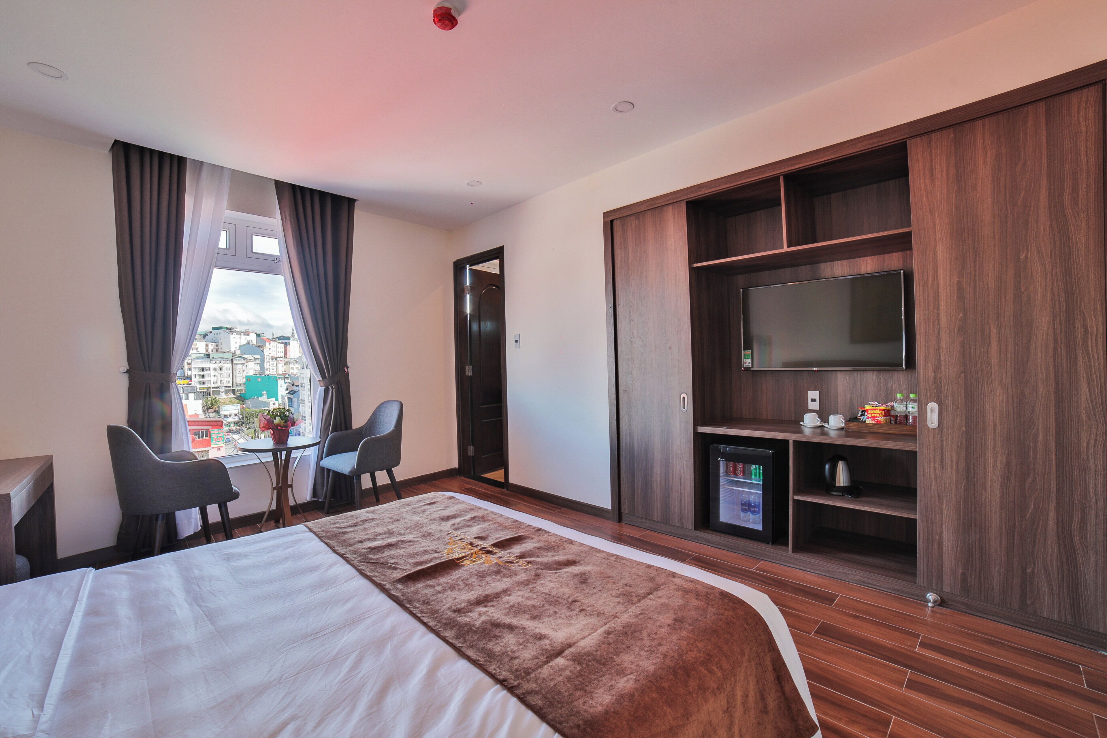 A hotel room with a large bed, a TV, a desk with a chair, a small table with a plant, and a view of the city through the window.