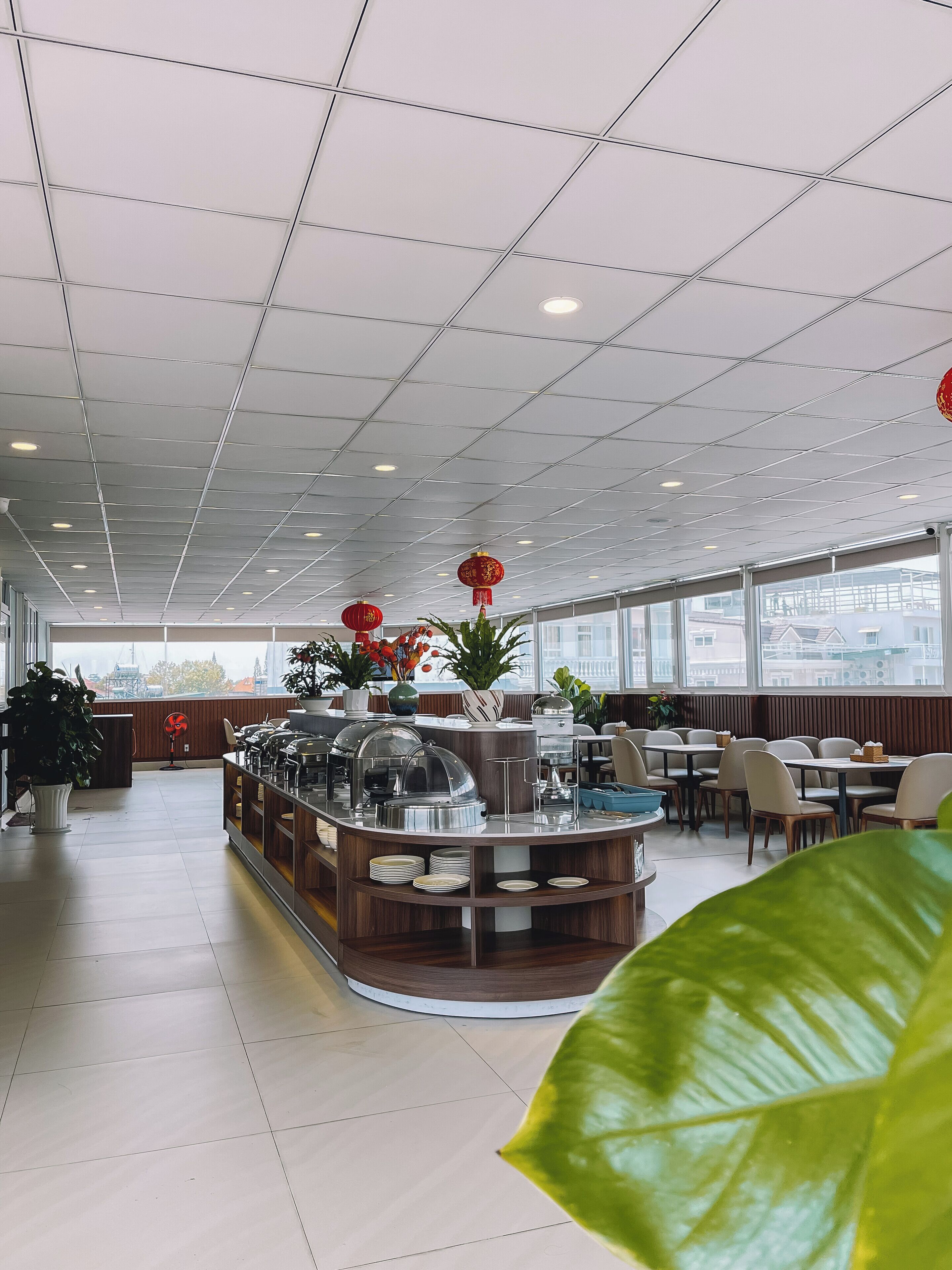 A modern restaurant with a buffet setup, large windows, and indoor plants.