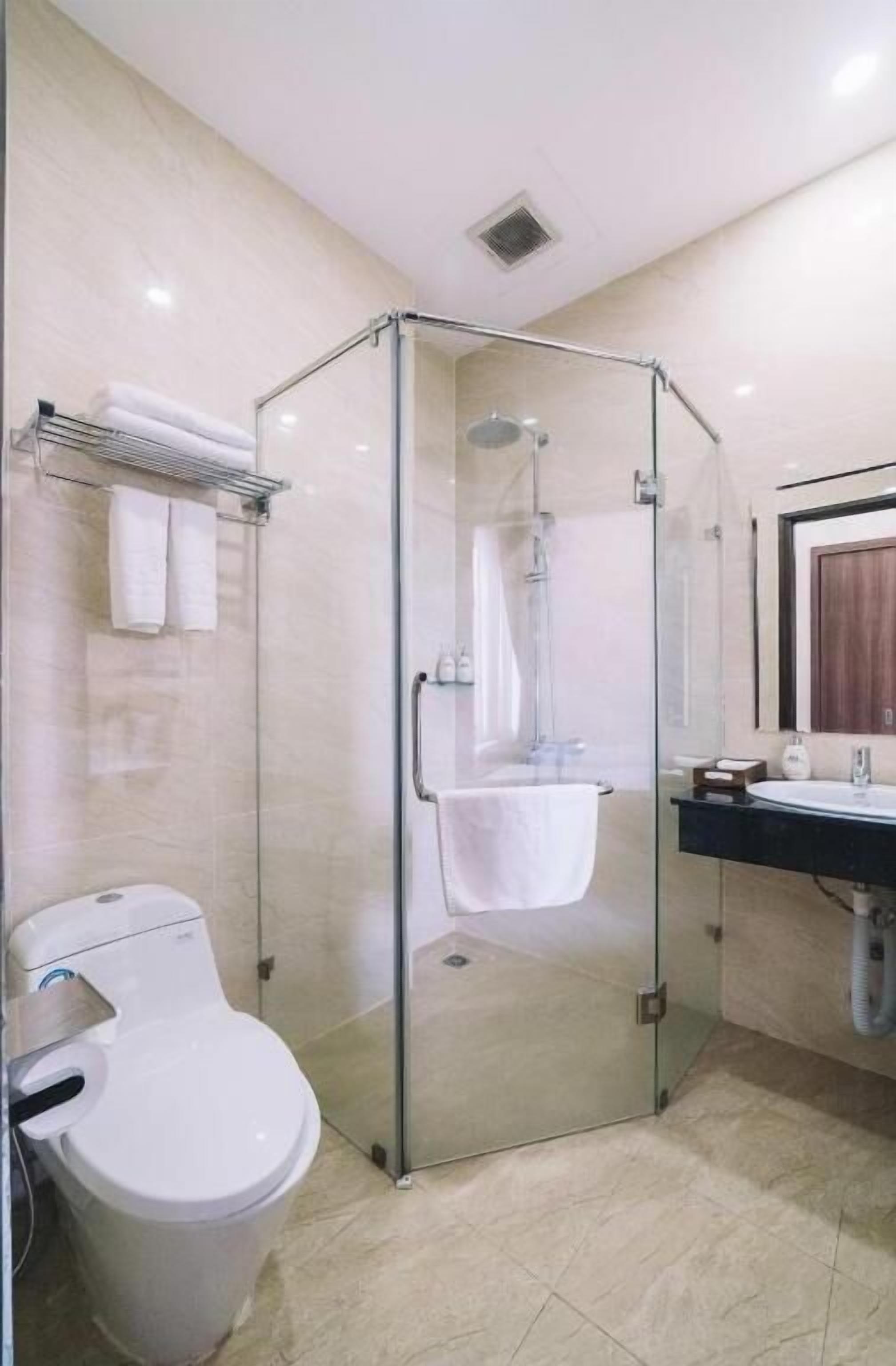 A modern bathroom with a glass-enclosed shower, a toilet, and a sink with a mirror.