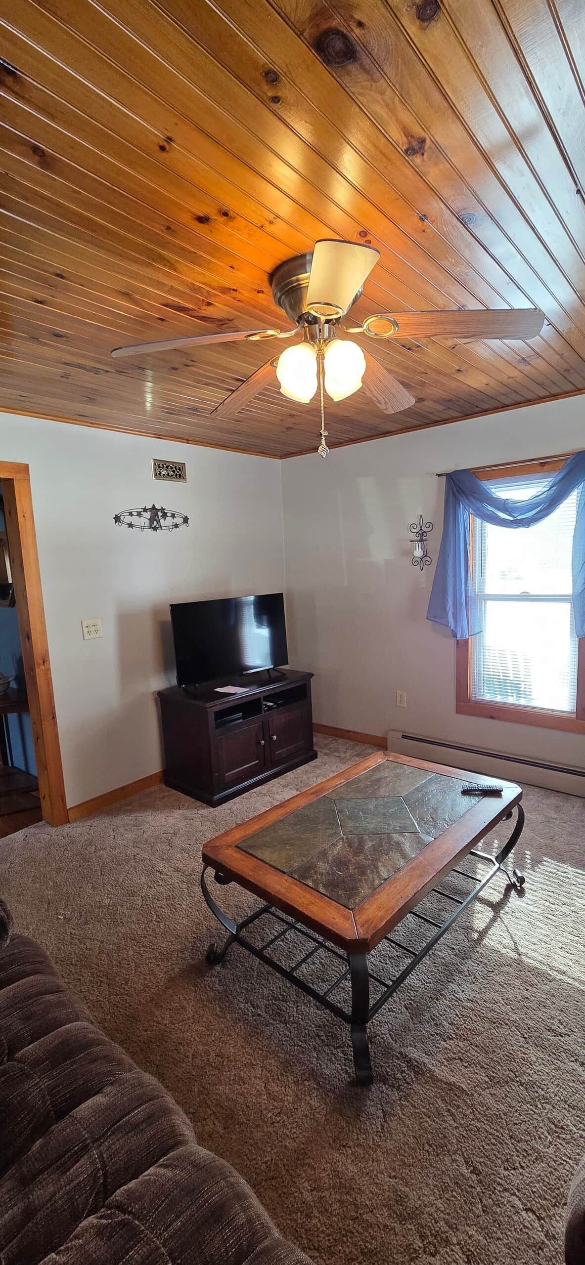 Una habitación con ventilador de techo, televisor sobre un mueble de madera oscura, alfombra estampada y una ventana con cortinas azules.