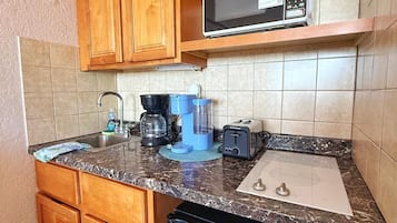 Fridge, microwave, coffee/tea maker, toaster