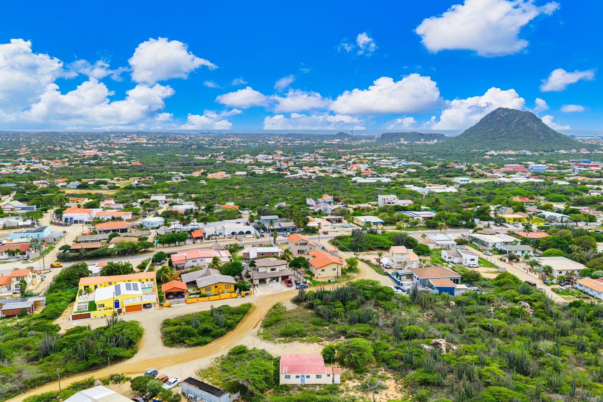 An aerial view of a residential area with houses, roads, and a mountain in the background.