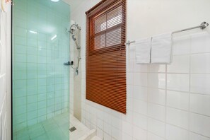 Dusche, Haartrockner, Handtücher, Seife