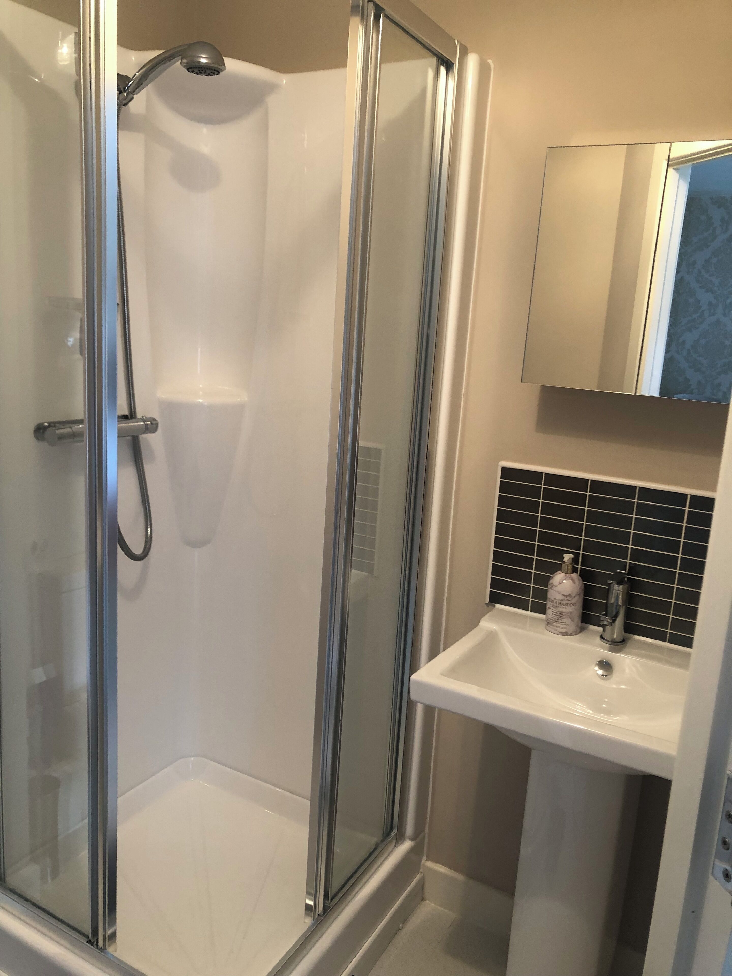 Shower, towels, soap, toilet paper