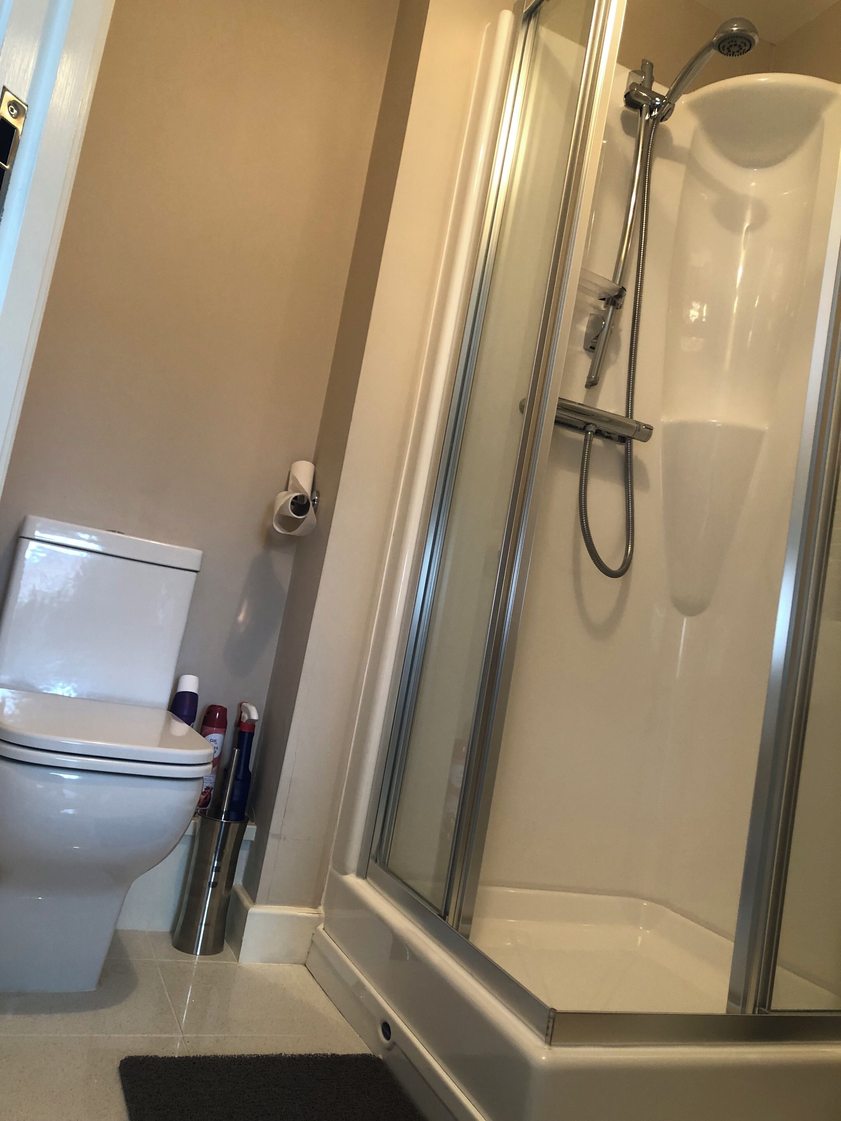 Regadera, toallas, jabón, papel de baño 