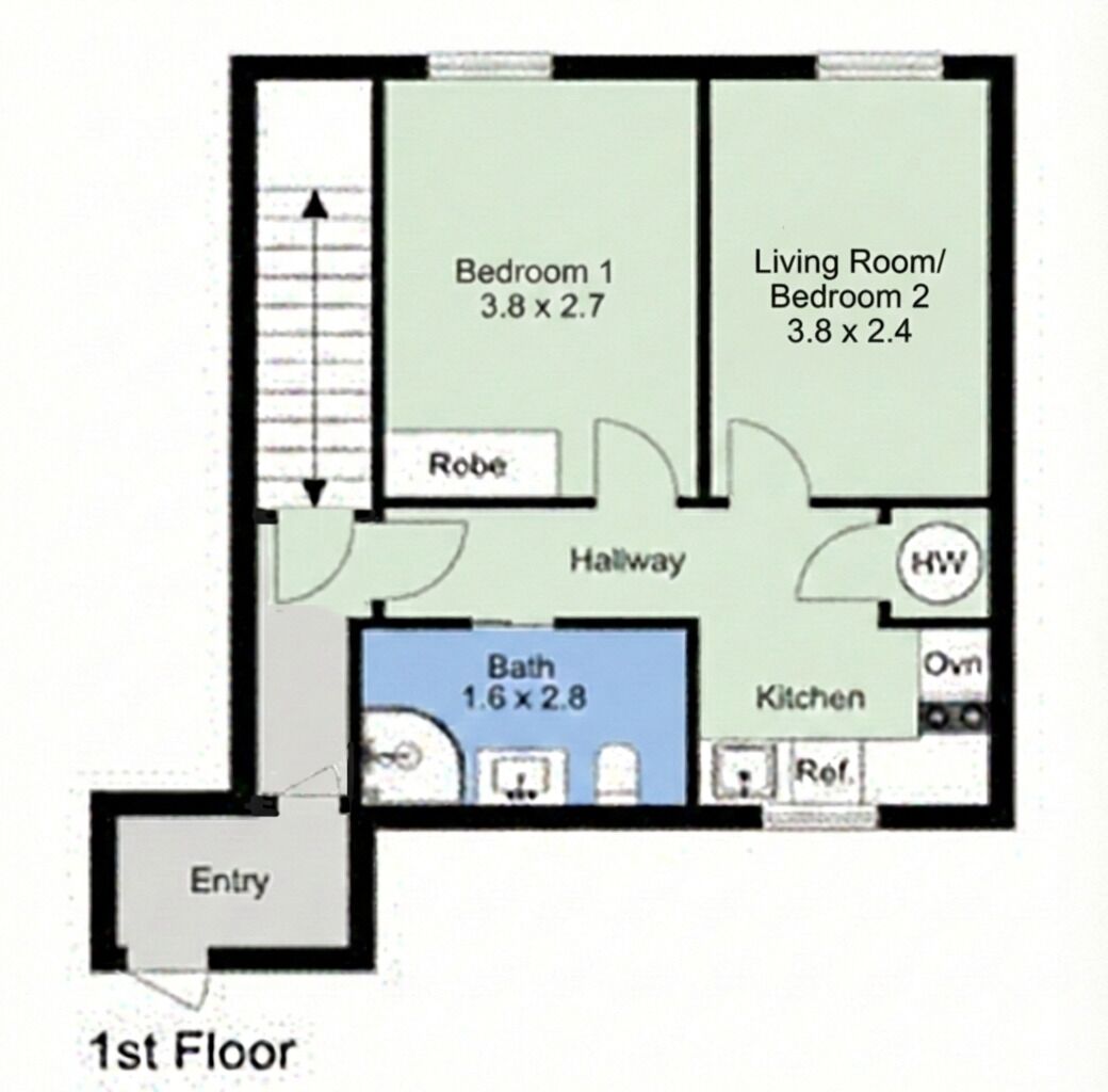 A 1st floor layout with Bedroom 1 (3.8 x 2.7), Bedroom 2 (3.8 x 2.4), a living room, robe, hallway, bathroom (1.6 x 2.8), kitchen, and entry.