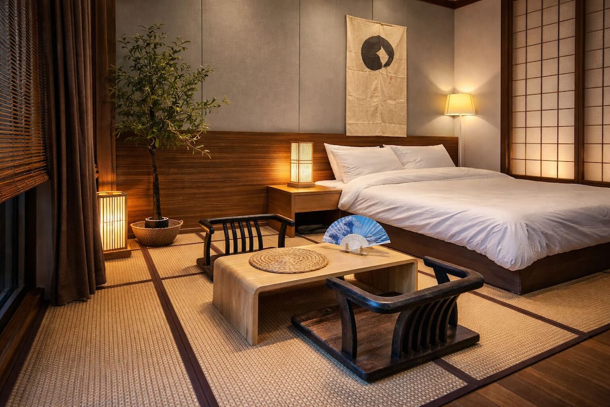 Desk, laptop workspace, blackout drapes, iron/ironing board