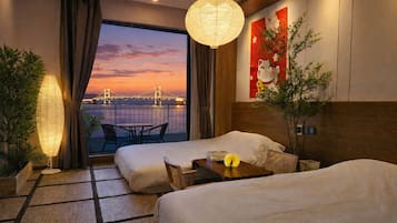 Desk, laptop workspace, blackout curtains, iron/ironing board