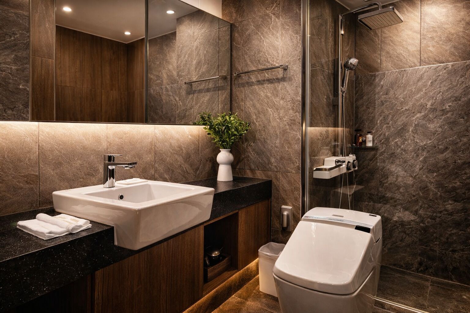 Une salle de bain moderne avec un grand lavabo, des toilettes et un espace douche.