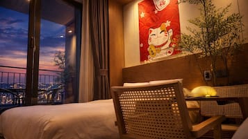 Desk, laptop workspace, blackout curtains, iron/ironing board