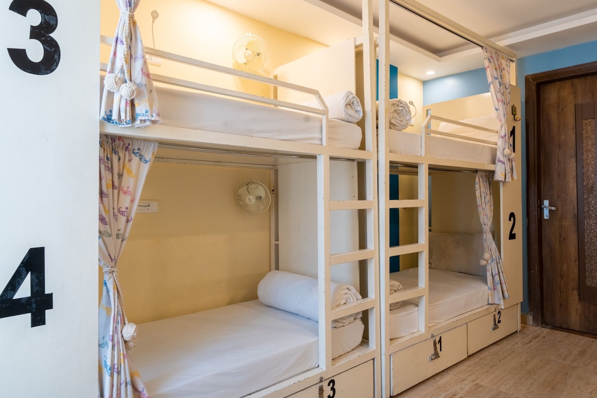 A bunk bed room with numbers 1 to 4 on the walls, a wooden door, and a mirror on the wall.