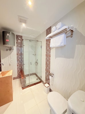 Een moderne badkamer met een douche met glazen wand, een toilet en een wastafel.