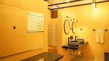 A bathroom with two sinks, a mirror, and a towel rack.