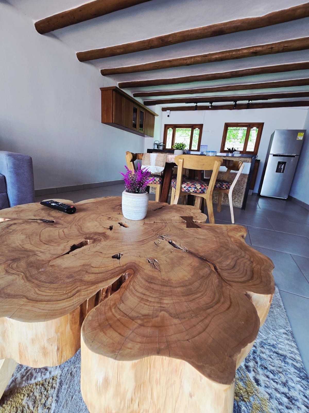 Un comedor con una gran mesa de madera, sillas, un control remoto y una planta en maceta.