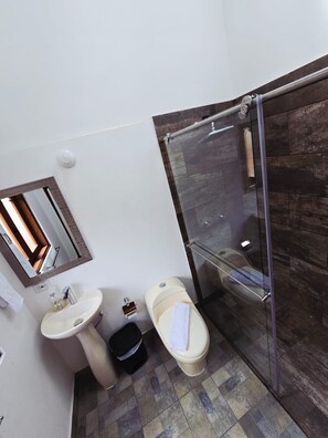 Un baño con lavamanos, inodoro, espejo y cabina de ducha de vidrio.