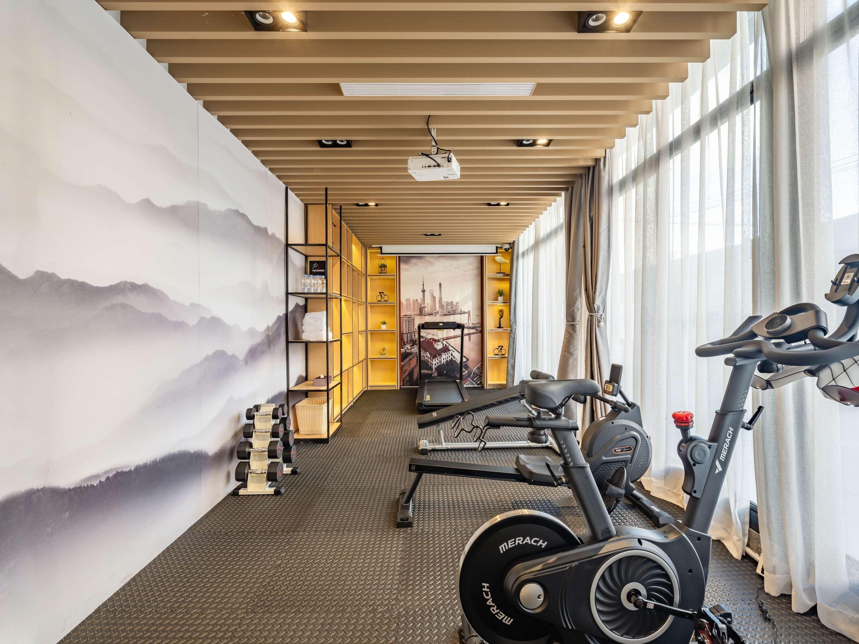 A gym with exercise equipment, a wall with a mountain painting, and a cityscape poster.