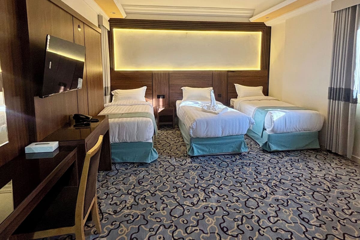 A hotel room with two beds, a desk, a TV, and a patterned carpet.