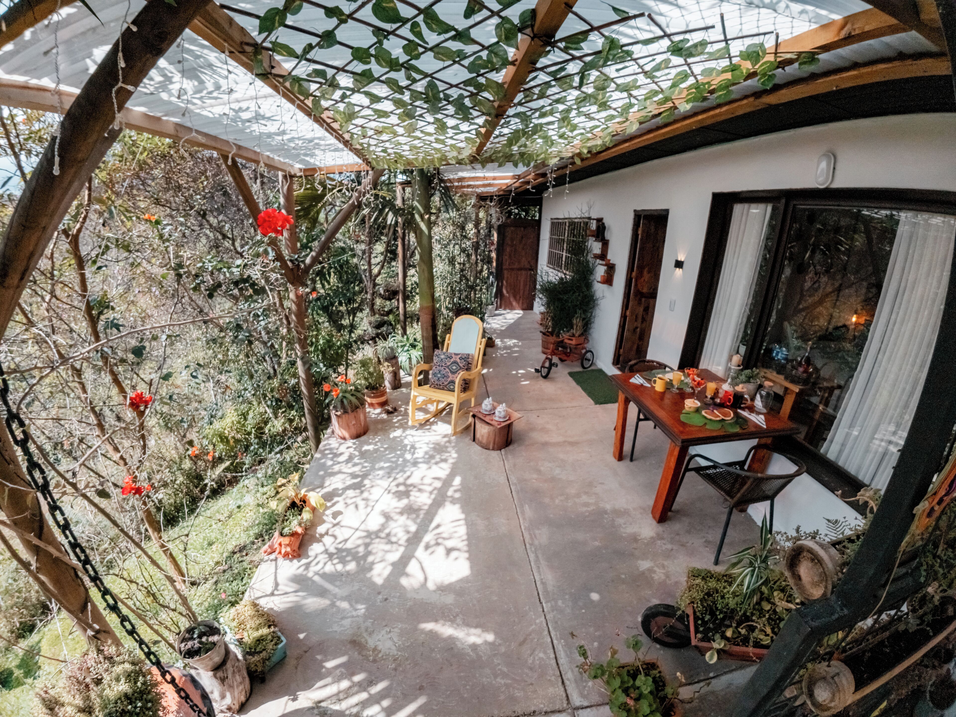 Un patio techado con una mesa y sillas, rodeado de plantas en macetas y una mecedora de madera.