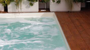 Outdoor pool, pool umbrellas, pool loungers