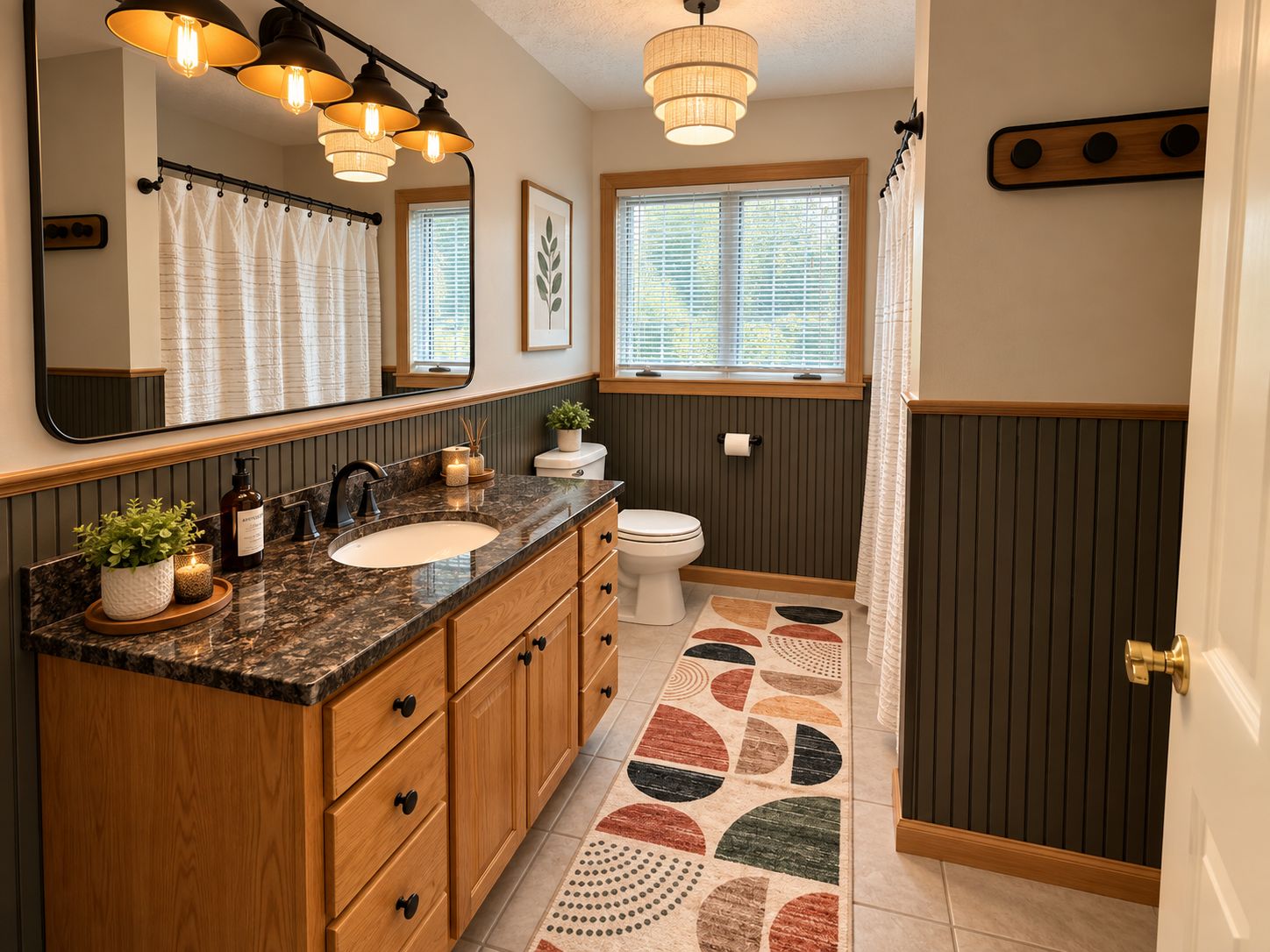 A bathroom with a wooden vanity, a sink, a toilet, and a shower area.