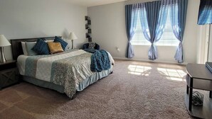 A bedroom with a bed, a ceiling fan, a nightstand, a lamp, a TV, and a window with curtains.