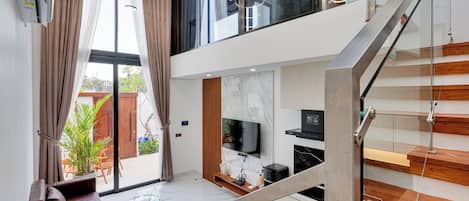 Villa, Balcony, Pool View | Living area | 43-inch LED TV with digital channels, Netflix, streaming services