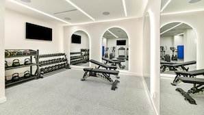 A gym with weightlifting equipment, mirrors, and a television. - Adina Chermside Brisbane (Brisbane)