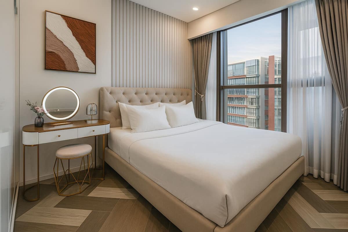 Ein modernes Hotelzimmer mit einem großen Bett, einem Schminktisch mit Spiegel und Blick auf die Stadt durch das Fenster.