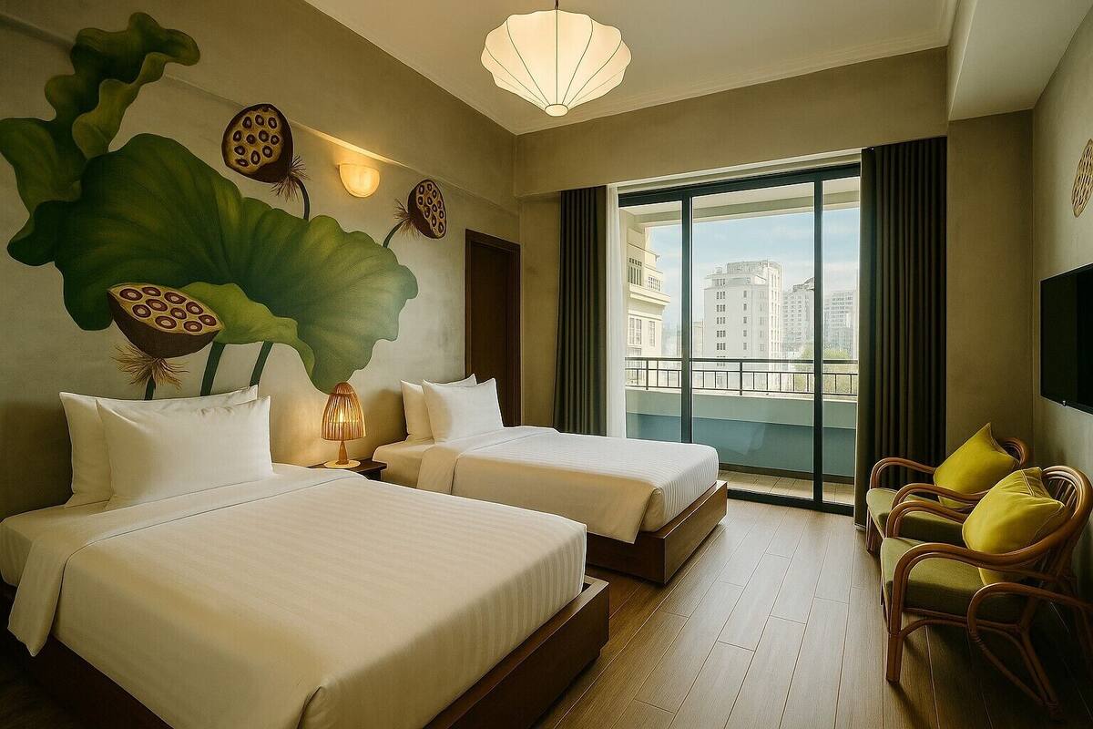 Une chambre d’hôtel avec deux lits, une grande fenêtre donnant sur des immeubles, une chaise et des œuvres d’art mural.