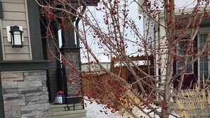 A residential building with a stone facade, a snow-covered driveway, and a tree with red berries. - CNEORM HAVEN (Edmonton)