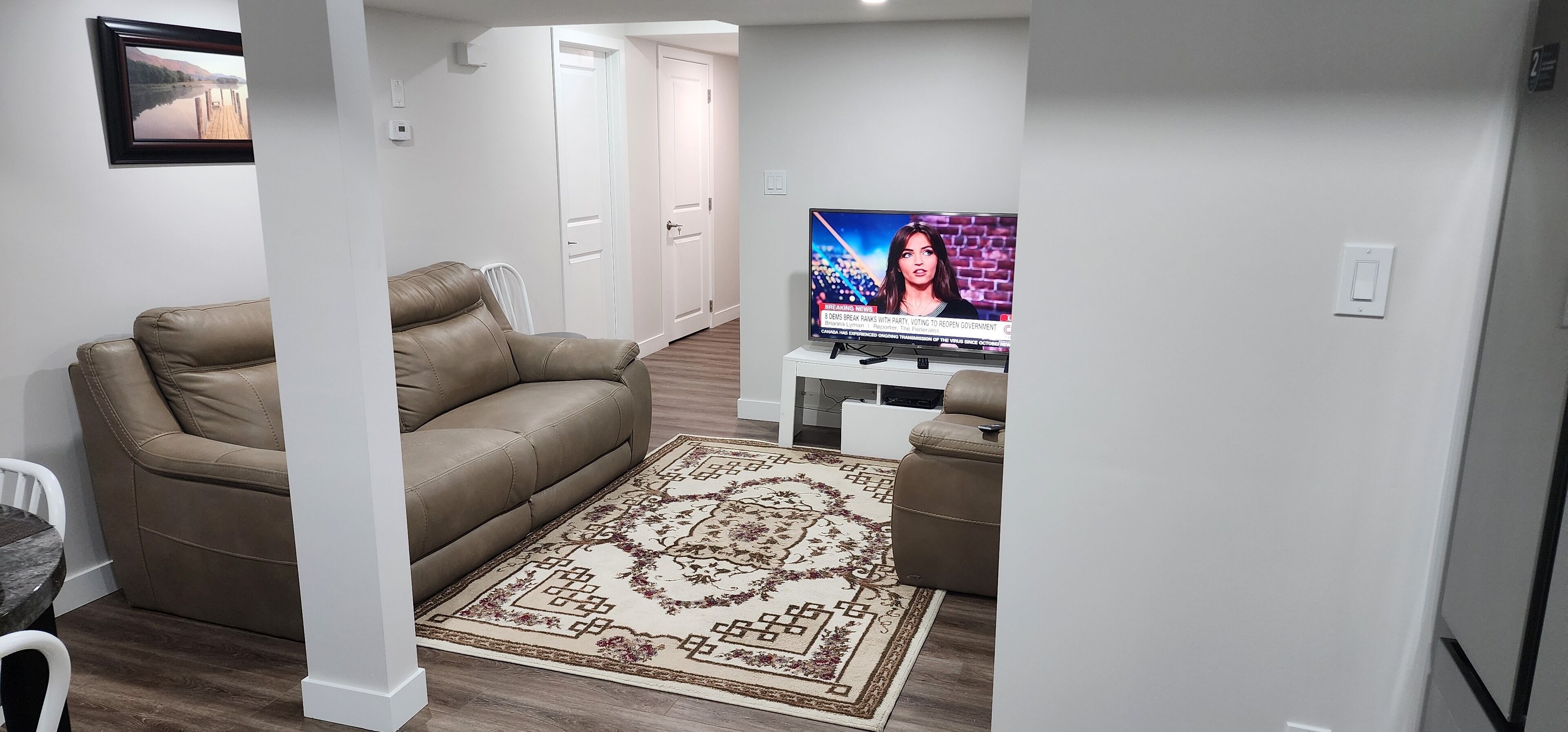 Un salon avec un canapé en cuir marron, un tapis à motifs, un téléviseur et des murs blancs.