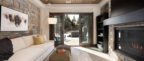 Televisión, chimenea, videojuegos, estéreo