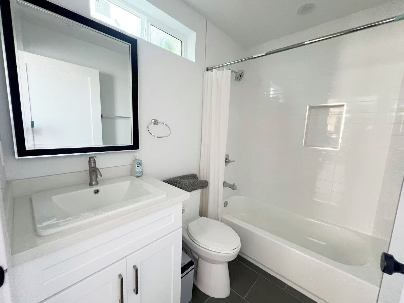 Hair dryer, towels, soap, toilet paper