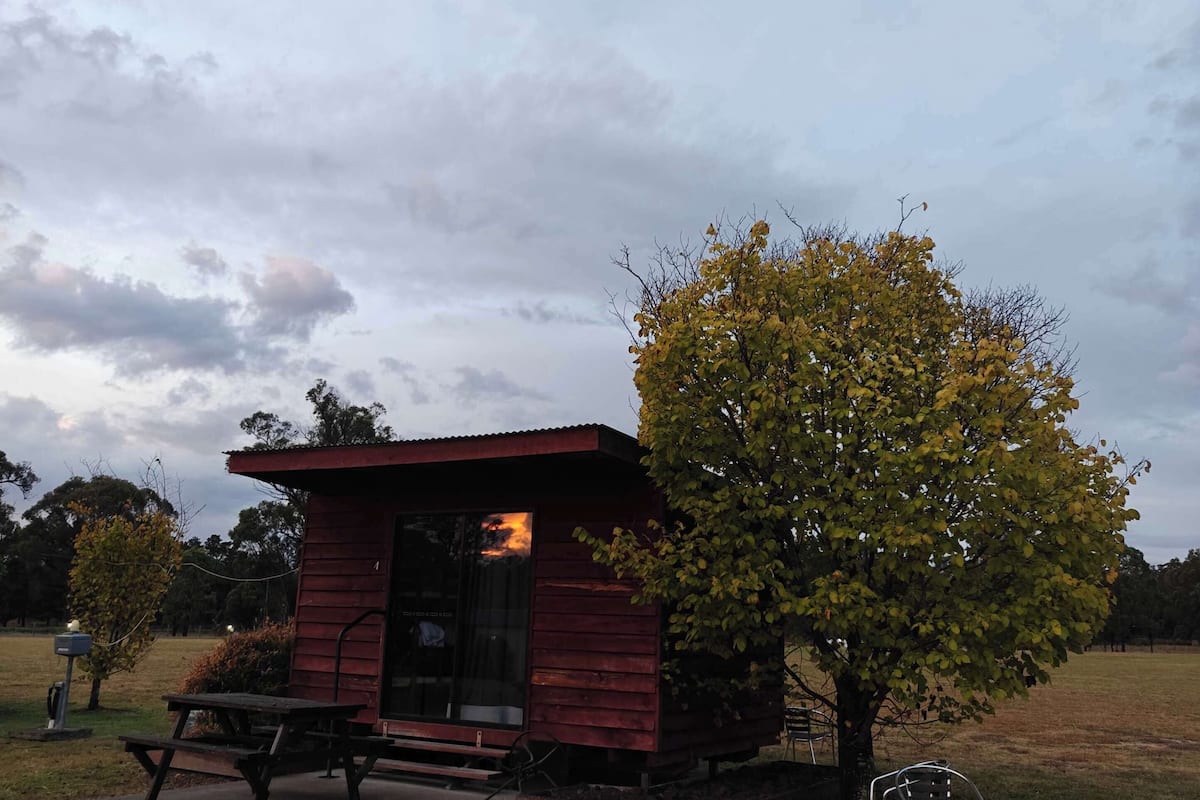 En liten stuga av trä med en bänk och ett picknickbord framför, omgiven av gräs och träd.