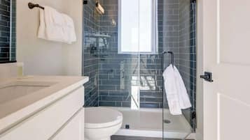 Shower, hair dryer, shampoo