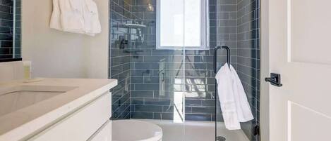 Shower, hair dryer, shampoo