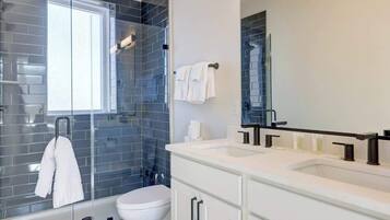 Shower, hair dryer, shampoo
