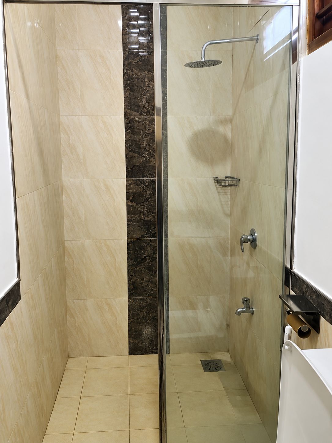 Une cabine de douche fermée par des parois en verre, dotée d’un pommeau de douche à main, d’un porte-serviettes mural et d’une petite étagère pour les articles de toilette.