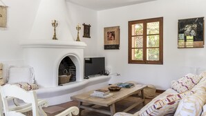 Una sala de estar con chimenea, un sofá, una mesa de centro y un televisor.