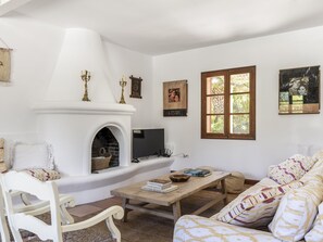 Ein Wohnzimmer mit Kamin, einer Couch, einem Couchtisch und einem Fernseher.